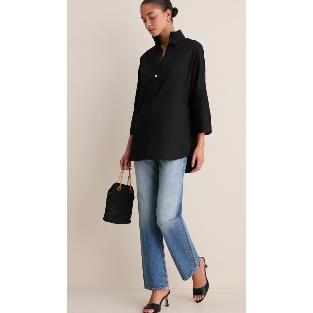 Tuckernuck Black Willow Blouse High Stand Collar Gold Button Tunic Top Small